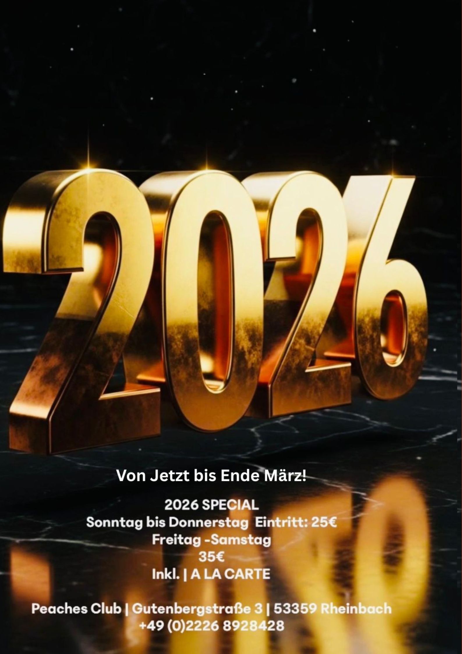 2026 Special im Peaches Sauna Club Rheinbach – vergünstigter Eintritt von Sonntag bis Donnerstag 25 Euro, Freitag und Samstag 35 Euro, gültig bis Ende März.
